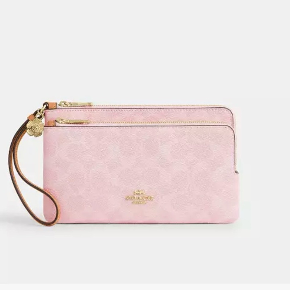 Coach Powder Pink Double Zip Wristlet In Signature Canvas With Charms - Picture 2 of 4